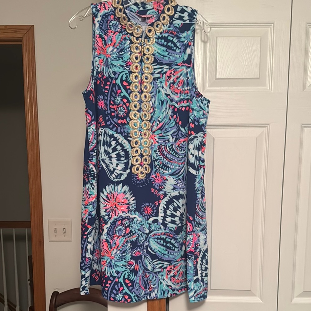 Lilly Pulitzer Women's Sleeveless Gold Metallic Trimmed Blue Dress